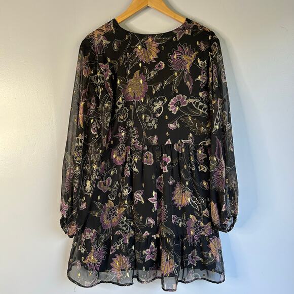 NWT Zara Chiffon Dark Floral Tiered Women’s Medium Black Long Sleeves Whimsical - Picture 5 of 9